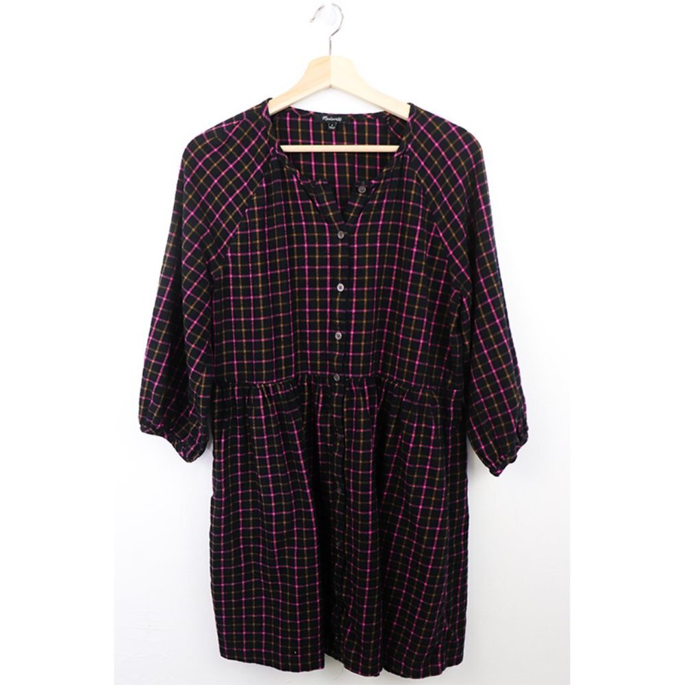 Madewell Plaid Flannel Raglan Button-Front Shirtdress Mini‎ Dress Black Pink 4 - Picture 5 of 9